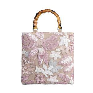 7158 Floral Embroidery Sequin Evening Bag with Bamboo Top-handle